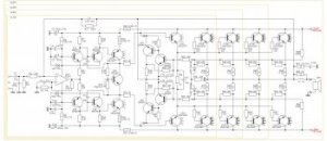 Принципиальная схема высококачественного усилителя мощности на базе ОУ и биполярных транзисторов.